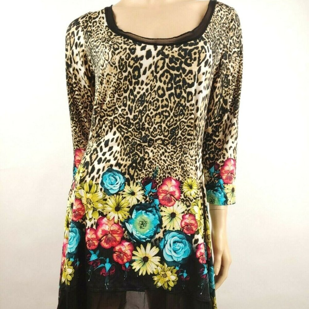 Anthropologie From The Heart Trudy Leopard Floral Print Tunic Dress S Fits L